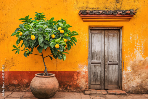 A potted lemon tree beside an old wooden door, both against a vibrant yellow wall