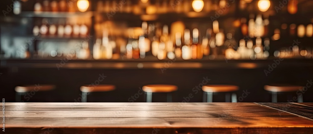 Inviting bar. Wooden table and retro counter create nostalgic and comfortable atmosphere. Dimly lit space is perfect for night out with soft glow of lights setting relaxed mood