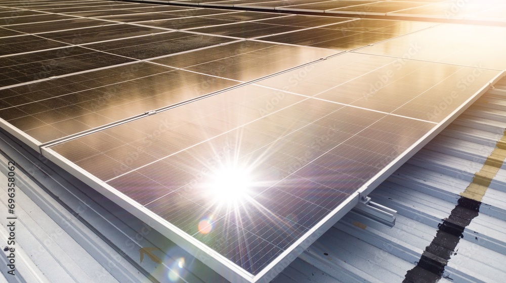 Obraz premium Photovoltaic solar panels mounted on building roof for producing clean ecological electricity at sunset.Photovoltaic panels on the roof.View of solar panels in the building,renewable energy concept