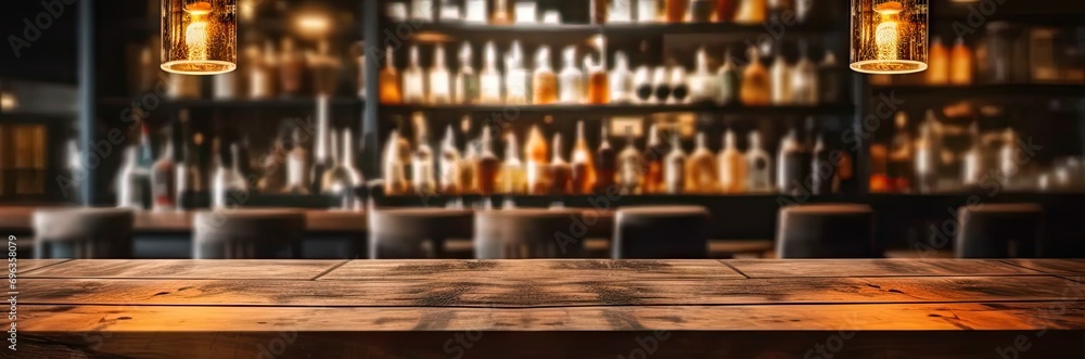 Inviting bar. Wooden table and retro counter create nostalgic and comfortable atmosphere. Dimly lit space is perfect for night out with soft glow of lights setting relaxed mood