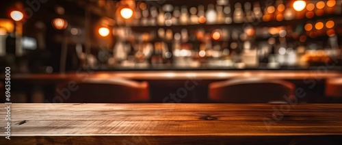 Inviting bar. Wooden table and retro counter create nostalgic and comfortable atmosphere. Dimly lit space is perfect for night out with soft glow of lights setting relaxed mood photo