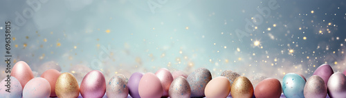 Enchanting Easter background with eggs  glitter  bokeh lights and copy space for text. Pastel colors. Tranquil and joyful scene. Perfect for holiday-themed designs. Panoramic banner.