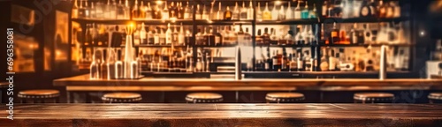 Inviting bar. Wooden table and retro counter create nostalgic and comfortable atmosphere. Dimly lit space is perfect for night out with soft glow of lights setting relaxed mood