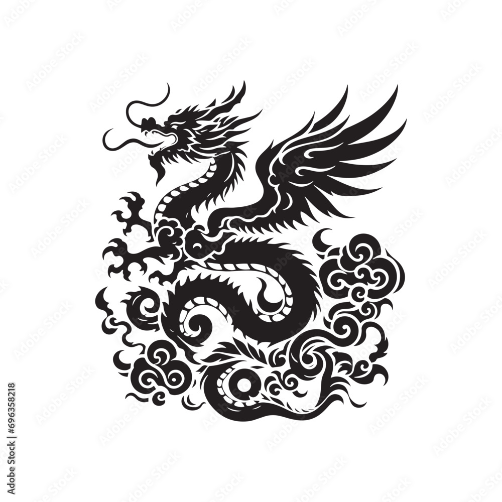 Dragon Silhouette - Majestic Mythical Creature Soaring in Artistic Shadows, Perfect for Fantasy Book Covers - Dragon black vector
