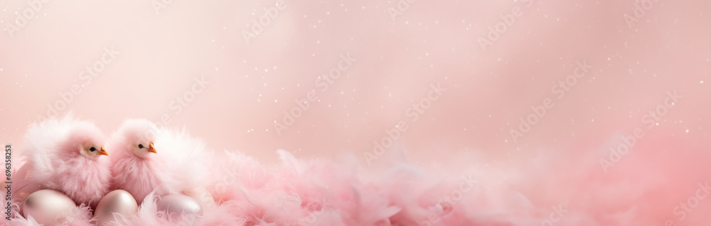 Enchanting, pink Easter background with eggs, two cute birds, glitter and copy space for text. Soft color. Tranquil, joyful scene. Perfect for holiday-themed designs. Panoramic banner.