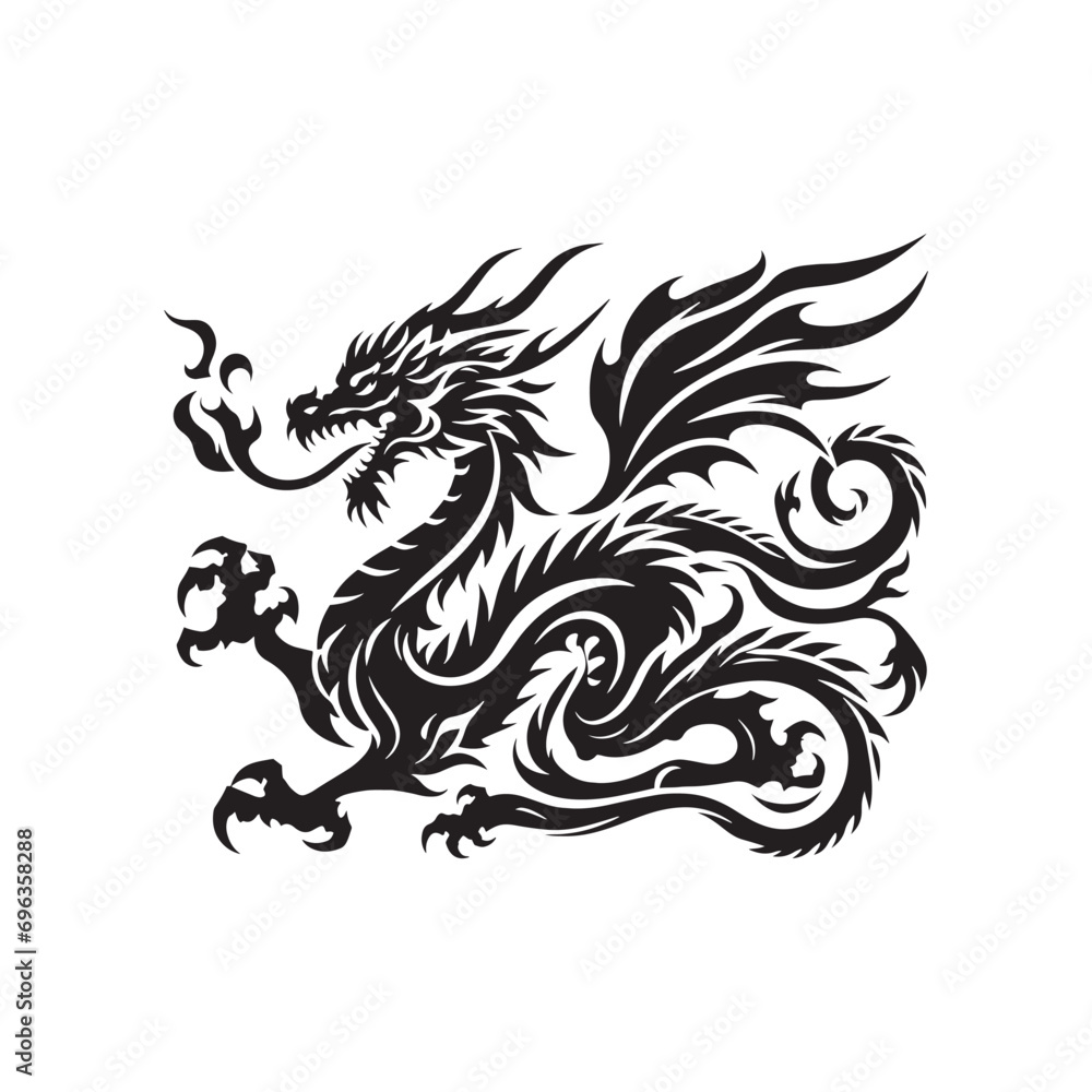 Dragon Silhouette - Epic Winged Serpent in Bold Silhouette, Ideal for Mythological and Legendary Illustrations - Dragon black vector
