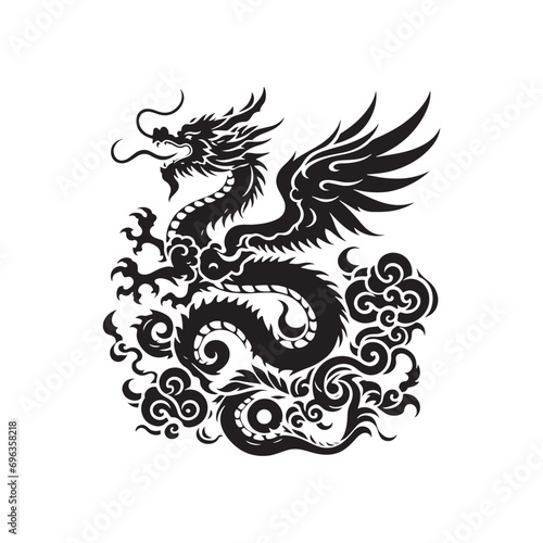 Dragon Silhouette - Majestic Mythical Creature Soaring in Artistic Shadows  Perfect for Fantasy Book Covers - Dragon black vector 