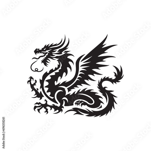Dragon Silhouette - Winged Fantasy Creature in Bold Black Form, Perfect for Symbolic and Mythological Art - Dragon black vector  © Vista