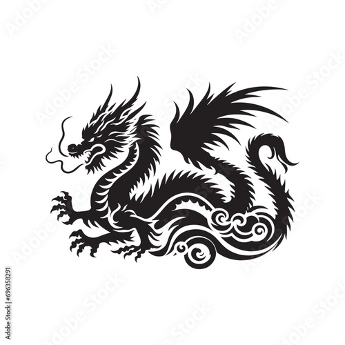 Dragon Silhouette - Winged Serpent Coiled in Dramatic Shadows, Elegantly Capturing the Magic of Mythical Creatures - Dragon black vector 