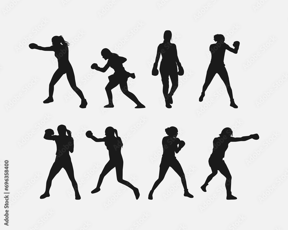 collection of silhouettes of female boxer with different pose, gesture. isolated on white background. vector illustration. - obrazy, fototapety, plakaty 