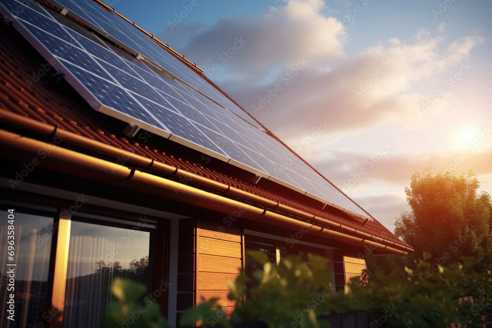 Solar panels, photovoltaics on the red roof of a house and a beautiful sky with the setting sun. Alternative electricity source. Concept of sustainable resources Solar panels, photovoltaics on the red roof of a house and a beautiful sky with the setting sun. Alternative electricity source. Concept of sustainable resources