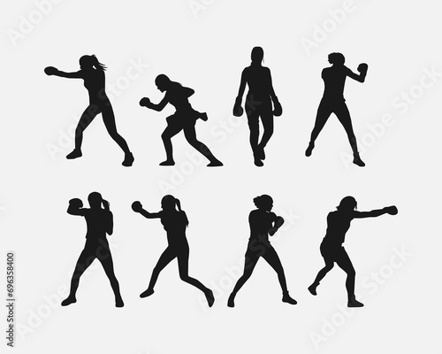 collection of silhouettes of female boxer with different pose, gesture. isolated on white background. vector illustration.