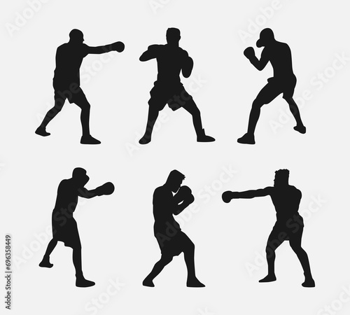 collection of silhouettes of male boxer with different pose, gesture. isolated on white background. vector illustration.