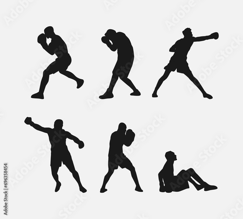 collection of silhouettes of male boxer with different pose, gesture. isolated on white background. vector illustration. photo