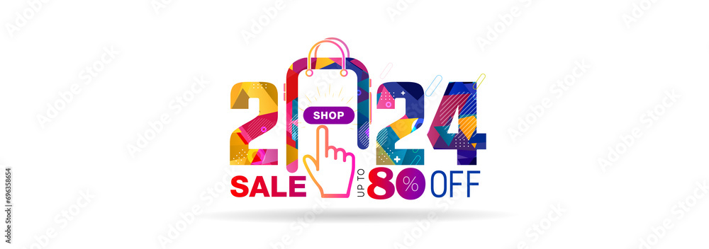 2024 number with 80% off, sale offer deals on shopping web banner design. Digital online sales promotion advertisement. 2024 number with 80% off, sale offer deals on shopping web banner design. Digital online sales promotion advertisement.