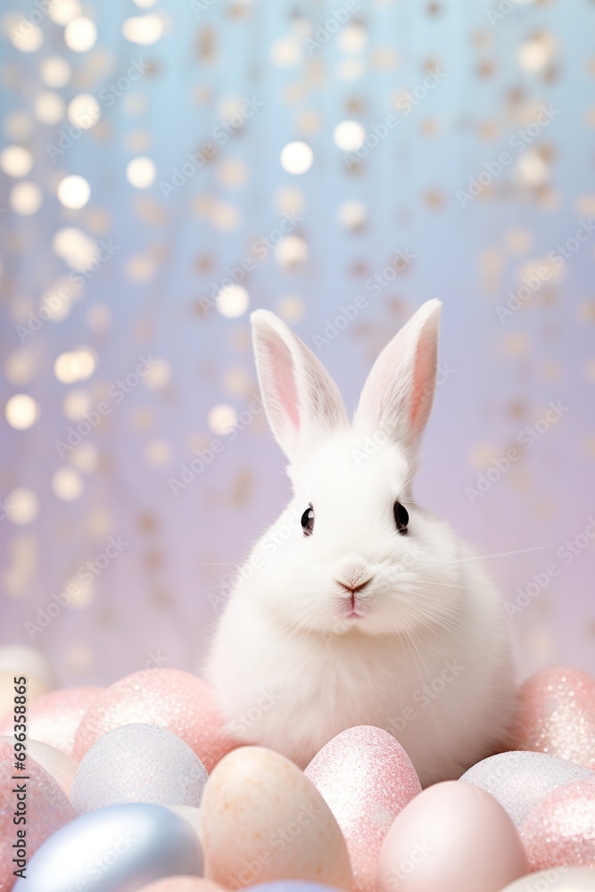 Beautiful Easter background with eggs, glitter, cute bunny and copy space for text. Soft, pastel colors. Tranquil and joyful scene. Perfect for holiday-themed designs, greeting cards. Beautiful Easter background with eggs, glitter, cute bunny and copy space for text. Soft, pastel colors. Tranquil and joyful scene. Perfect for holiday-themed designs, greeting cards.