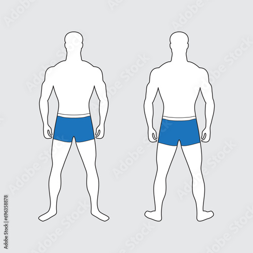 Man in blue swimming trunks front and back view