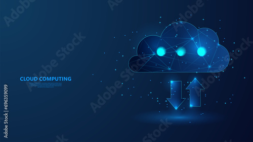 Cloud computing technology concept. Cloud storage data. Low poly wireframe style technology background.