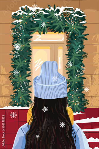 Girl in a hat and scarf stands in front of the entrance to the store, decorated with branches for the winter holiday. Winter illustration in vector.