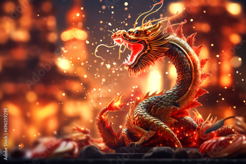 Fantastic Chinese dragon on a blurred background with beautiful bokeh, card with copy space for text © Kseniya
