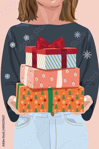 Girl with Christmas presents in her hands. He holds three gift boxes with ribbons in front of him. Vector illustration in beige tones.