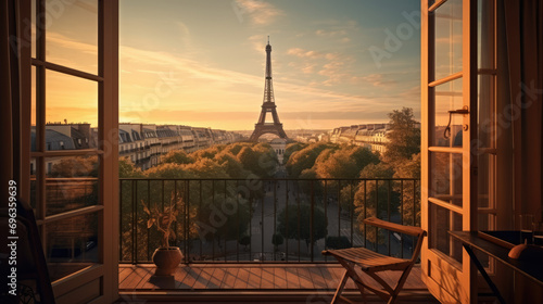 Autumn in Paris, view of Eiffel Tower through vintage window, French urban charm.