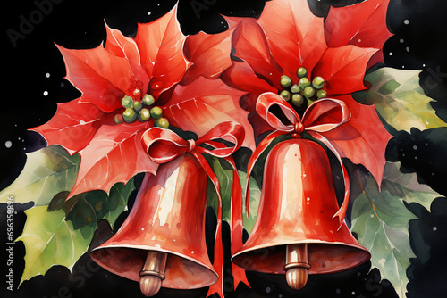 watercolor drawing illustration of christmas bells red bell poinsettia, poinsettia bow isolated illustration , in the style of lacquer painting, ritualistic masks, blink-and-you-miss-it detail, electr