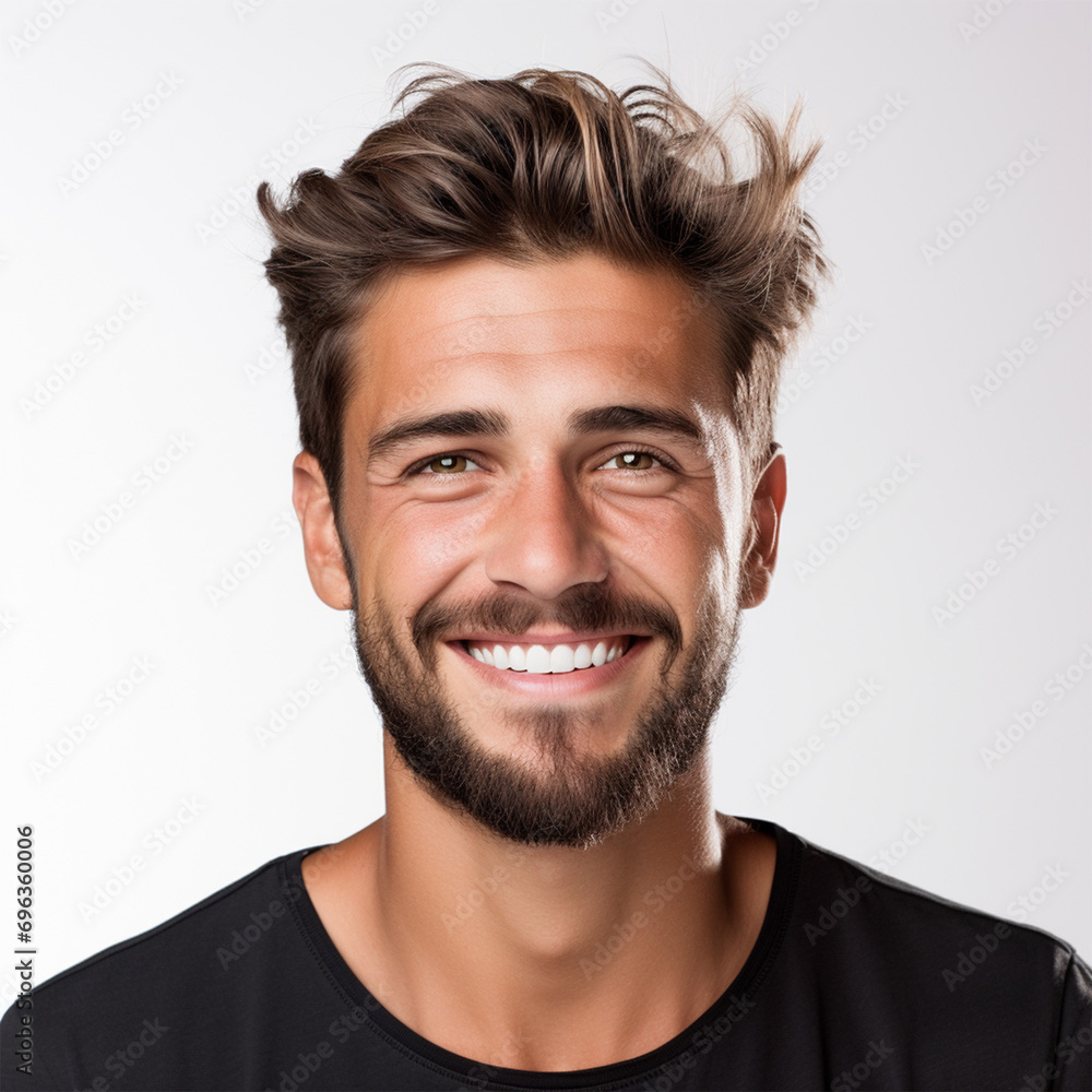 Fototapeta premium Studio portrait of a man smiling with a modern haircut. Advertisement for dental, business, studio, etc. 