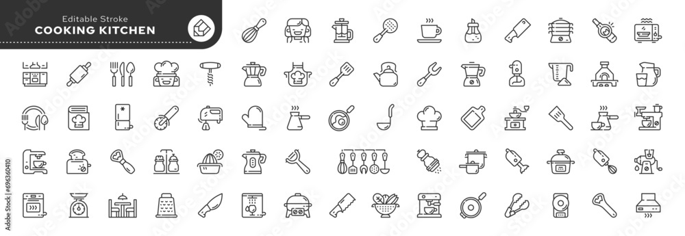 Set of line icons in linear style. Set - Cooking kitchen. Cooking food, cookware, cutlery, household appliances and kitchenware. Outline icon collection. Conceptual pictogram and infographic.