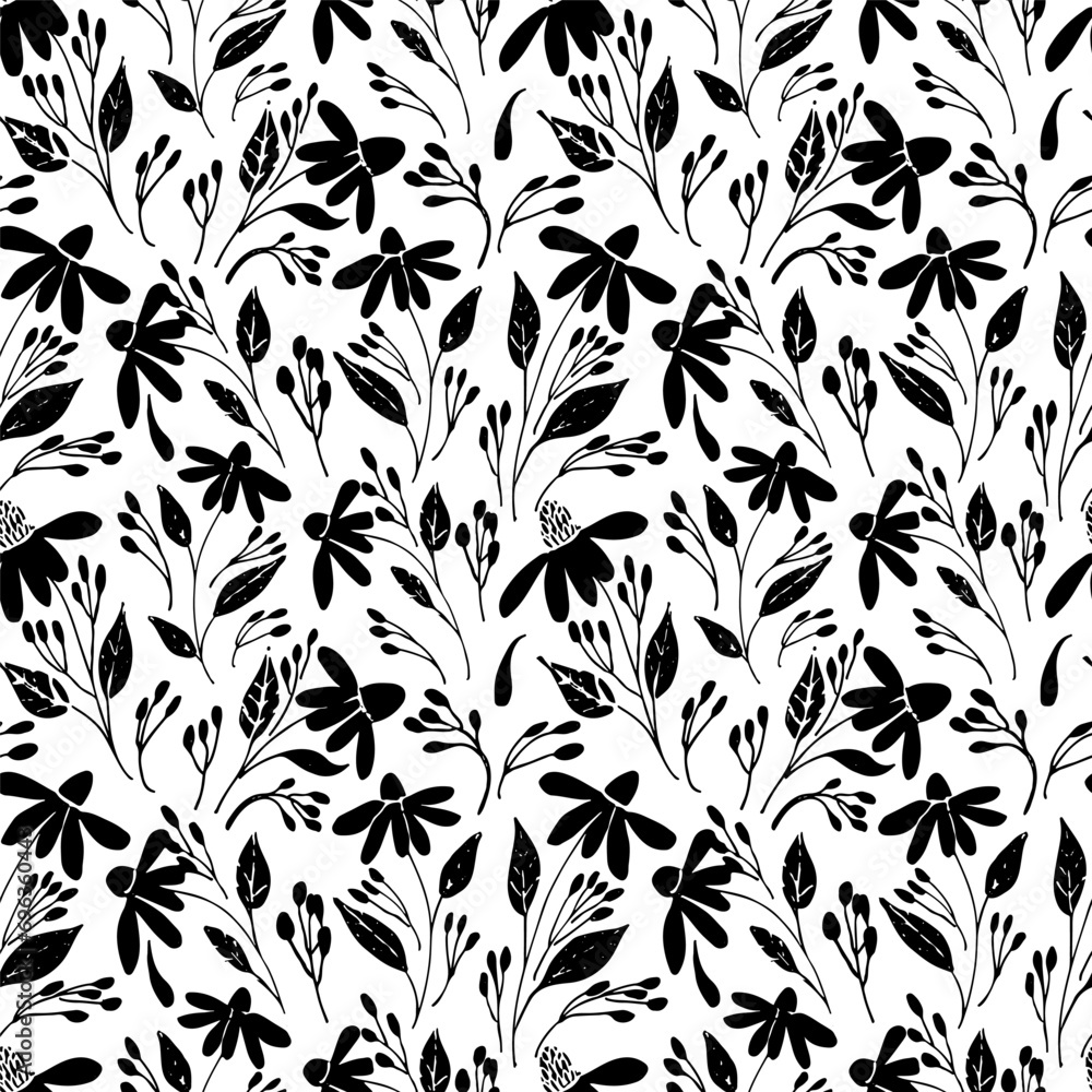 Obraz premium Vector seamless pattern with Flower brush strokes echinacea. Black flowers with leaves on stems hand drawn painted by brush. Ink texture with foliage and meadow flowers. Botanical ink ornament 