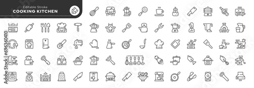 Set of line icons in linear style. Set - Cooking kitchen. Cooking food, cookware, cutlery, household appliances and kitchenware. Outline icon collection. Conceptual pictogram and infographic. photo
