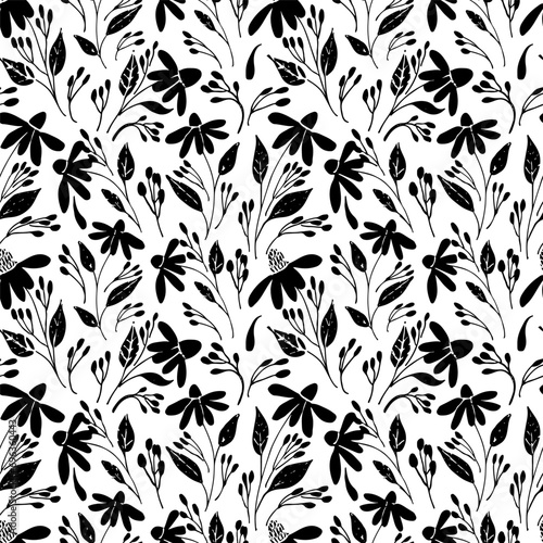  Vector seamless pattern with Flower brush strokes echinacea. Black flowers with leaves on stems hand drawn painted by brush. Ink texture with foliage and meadow flowers. Botanical ink ornament 