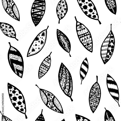 Seamless pattern with beautiful leaves. Hand-drawn bold brush style. Abstract black geometric leaves, decorative leaves. Botanical ornament in retro style.