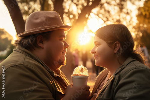 Chubby couple celebrating Valentine's Day in the park eat ice cream - concept of love, overweight - created with AI - photo