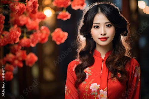 a beautiful vietnamese girl in Ao dai costume  tet holiday background