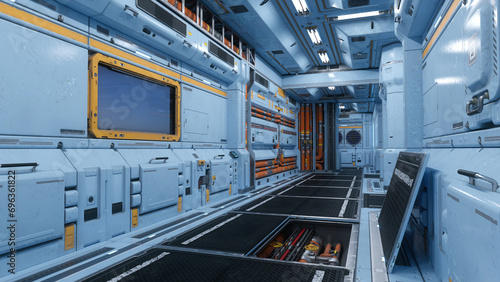Corridor inside a futuristic sci-fi space station building with exposed pipes and cables under the floor. 3D rendering.