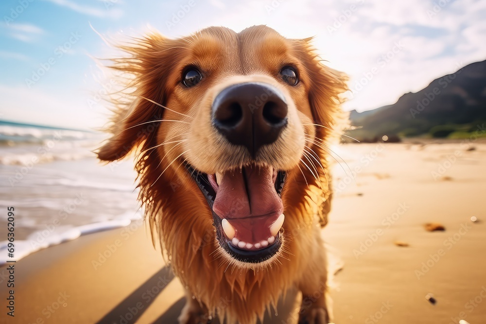close-up dog tongue suprise at beach. Summer day