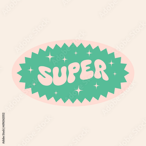 Y2k retro sticker with distorted super word. Fun label design. Vintage paper patch for card, poster, flyer, collage. Vector graphic