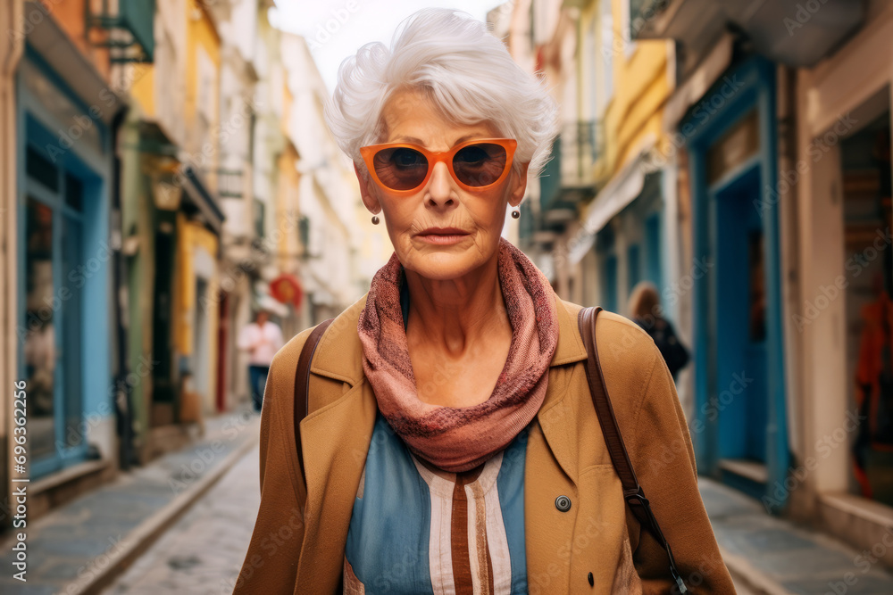Mature fashionable attractive woman walking in old town city street.