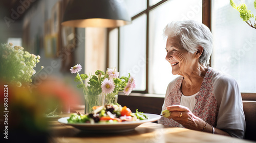 Senior woman in a retirement home, happily enjoying a healthy lunch, showcasing a lifestyle of well-being and contentment © arhendrix