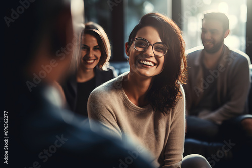 Professional therapist conducting a candid group session, showing genuine compassion and a comforting smile, emphasizing the importance of mental health and counseling photo
