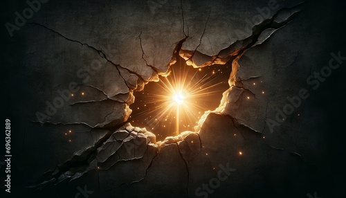 Ein hell leuchtender Stern scheint durch ein Loch in einer zerbrochenen und zersplitterten Betonwand photo