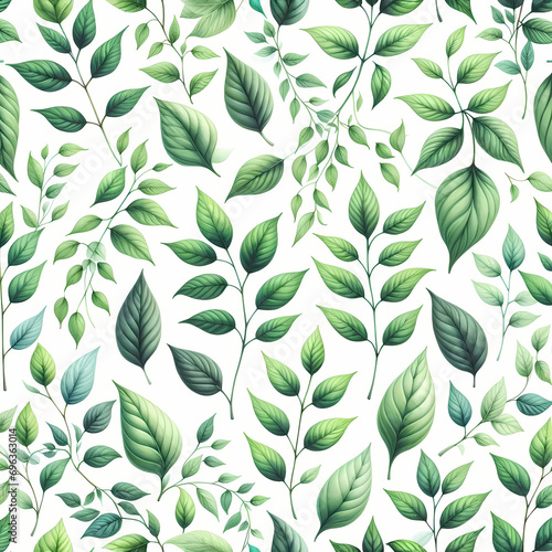 A watercolor painting of a seamless pattern of little green leaves on a white background. The leaves are delicately painted in various shades of green