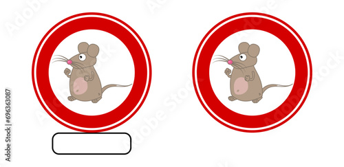 Mouse with big moustache in red road sign with text on white background - vector