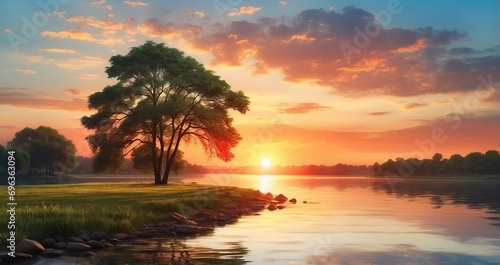  An ultra-realistic image capturing the serene beauty of a sunset by the riverside. The sun sets behind the horizon, casting vibrant colors across the sky, reflecting on the tranquil- Generative AI