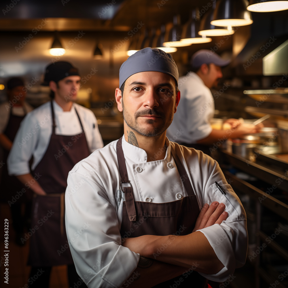 Standing professional chef in frotn of kitchen staff Standing professional chef in frotn of kitchen staff