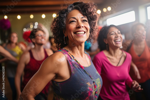 Middle-aged women enjoying a joyful dance class, candidly expressing their active lifestyle through Zumba with friends © arhendrix