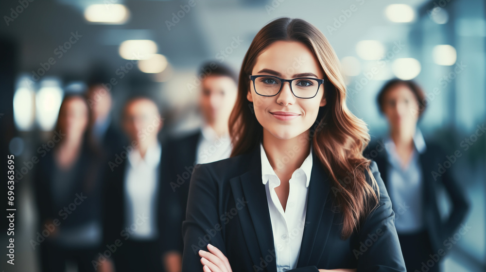 Successful businesswoman standing in creative office and looking at camera. Woman entrepreneur in a coworking space smiling. Portrait of beautiful business woman standing in front of business team - obrazy, fototapety, plakaty 