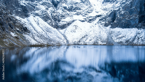 Czarny Staw pod Rysamy or Black Pond lake near the Morskie Oko Snowy Mountain Hut in Polish Tatry mountains, drone view, Zakopane, Poland. Aerial view shot of beautiful green hills and mountains in
