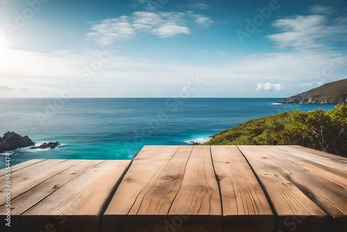 Wooden Table with Island and Clear Blue Sky © Tahira